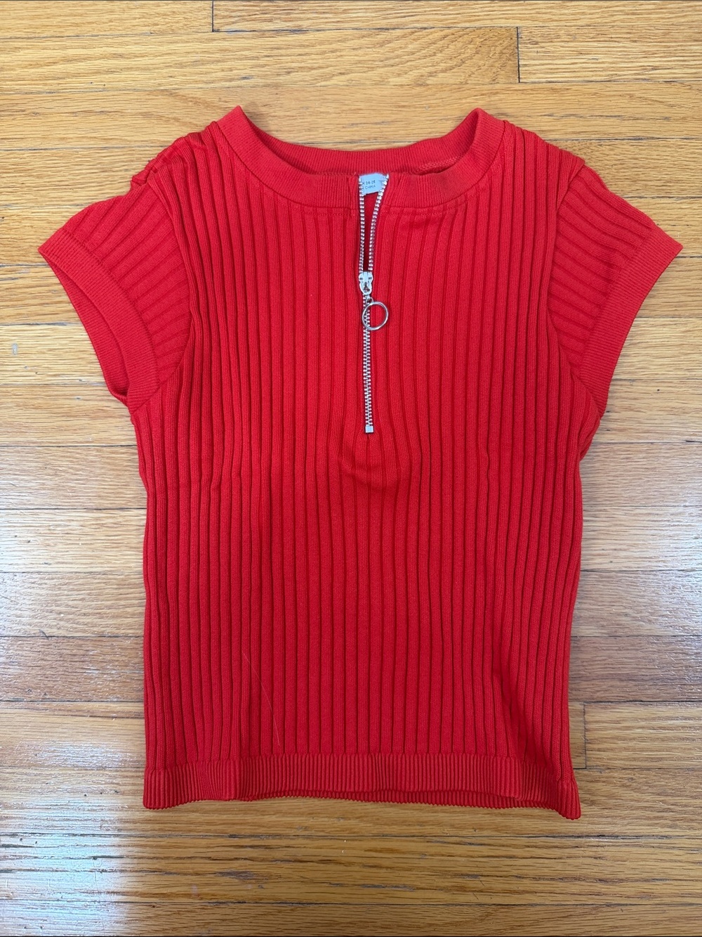 Zara Red Ribbed Short Sleeve Crop Top with Front Half Zip